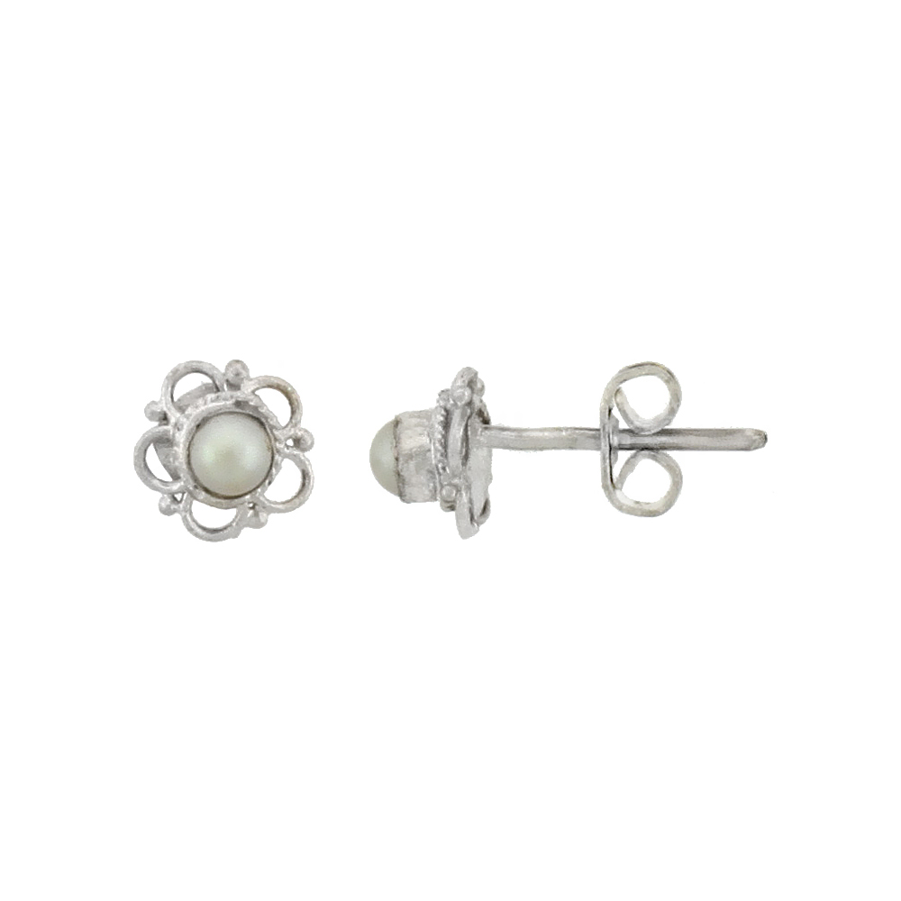 Sterling Silver Flower Stud Earrings, 3mm Fresh Water Pearl, 1/4 inch tall