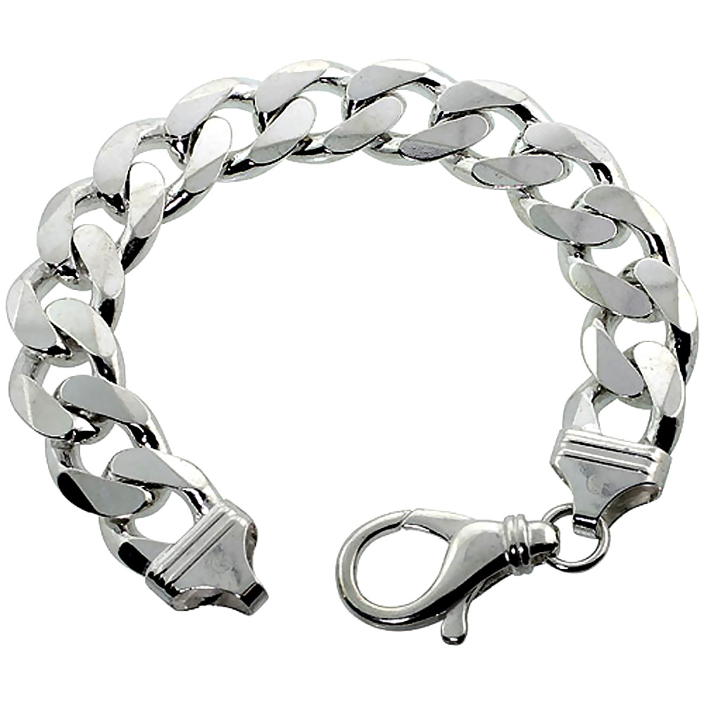 Sterling Silver Thick Curb Cuban Link Chain Necklaces &amp; Bracelets 15.4mm Beveled Nickel Free Italy, 8-30