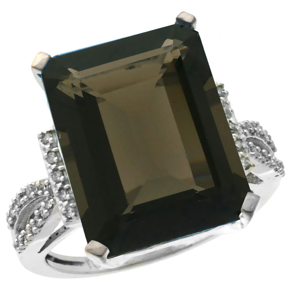 14K White Gold Diamond Natural Smoky Topaz Ring Emerald-cut 16x12mm, sizes 5-10
