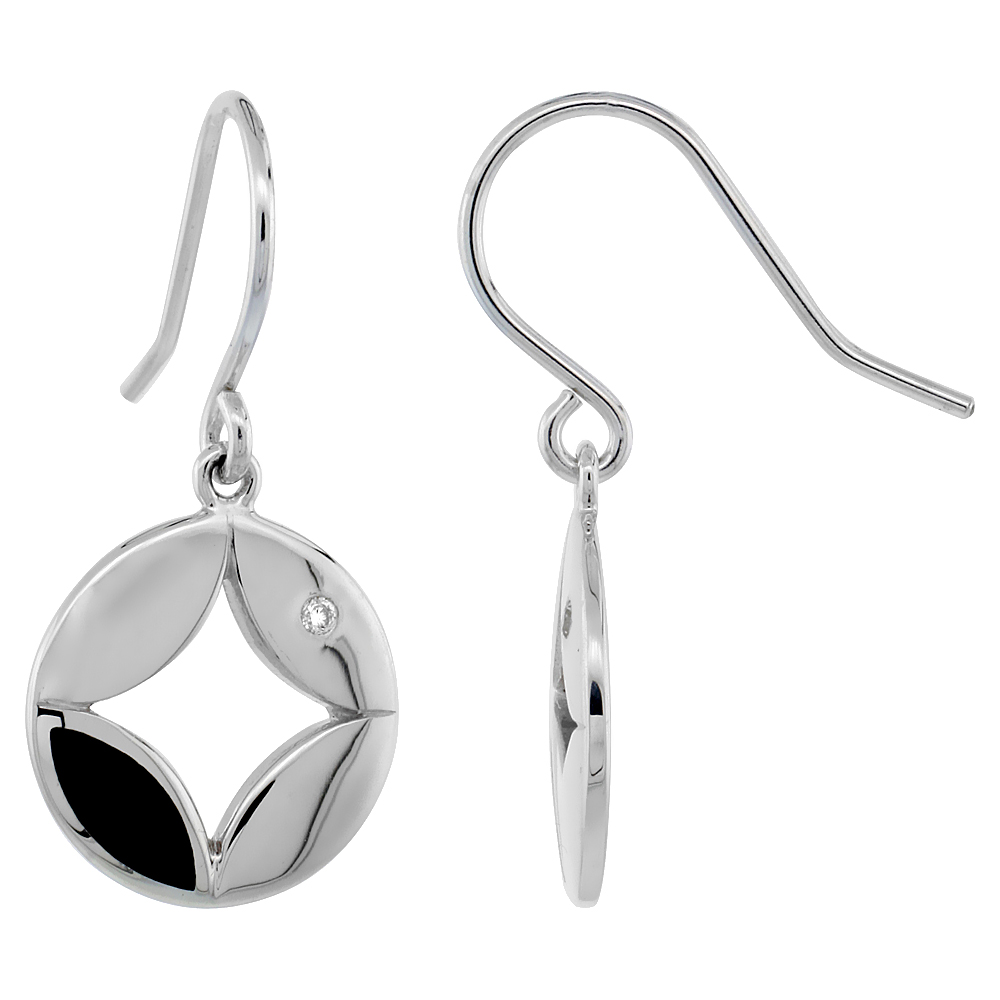 Sterling Silver Onyx Diamond in Circle Earrings Flawless Finish Nice Diamonds 1 inch