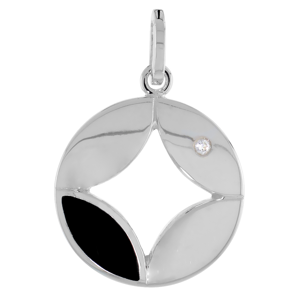 Sterling Silver Onyx Diamond in Circle Pendant Flawless Finish Nice Diamonds 3/4 inch