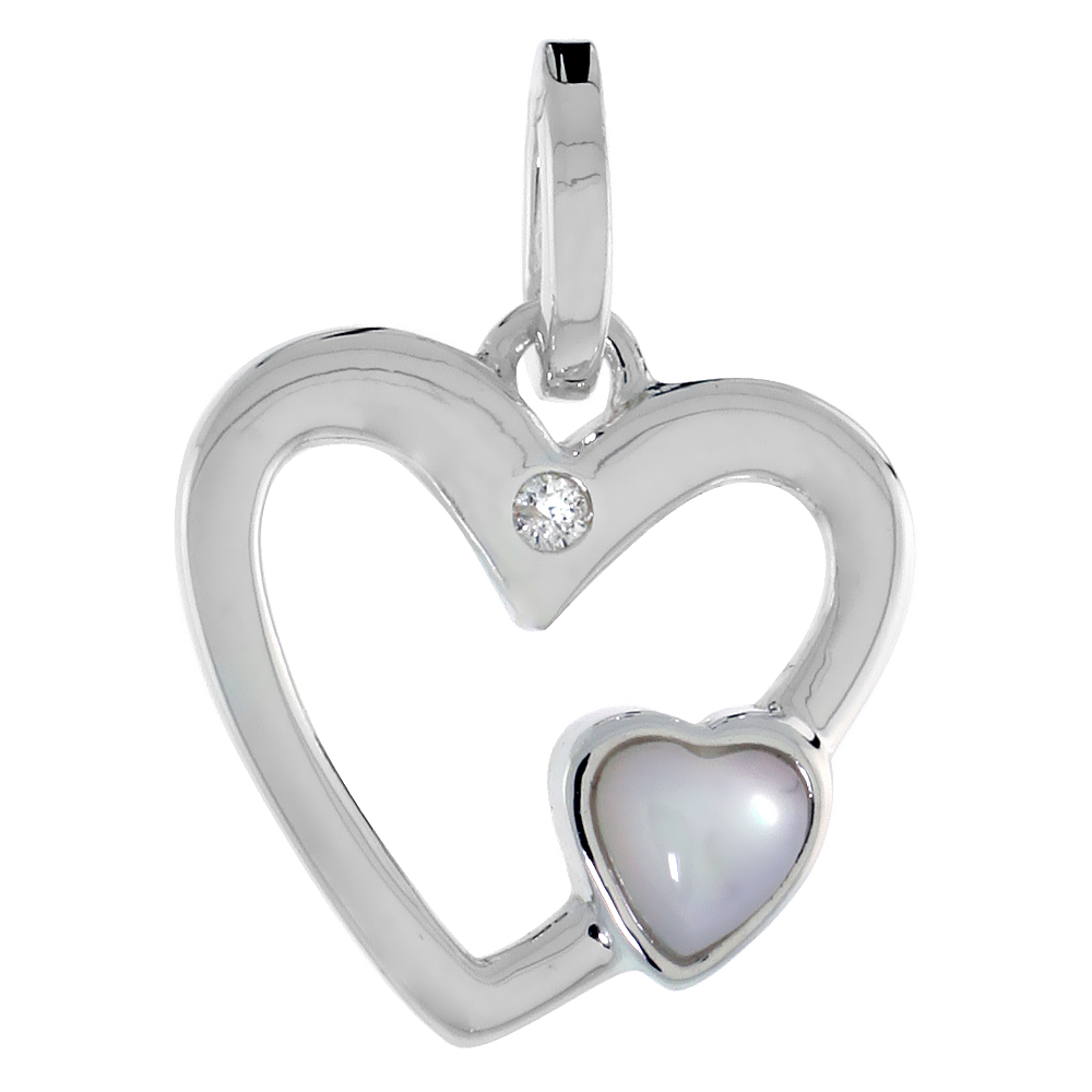 Dainty Sterling Silver Diamond Mother of Pearl Heart Pendant Flawless Finish Nice Diamonds 1/2 inch