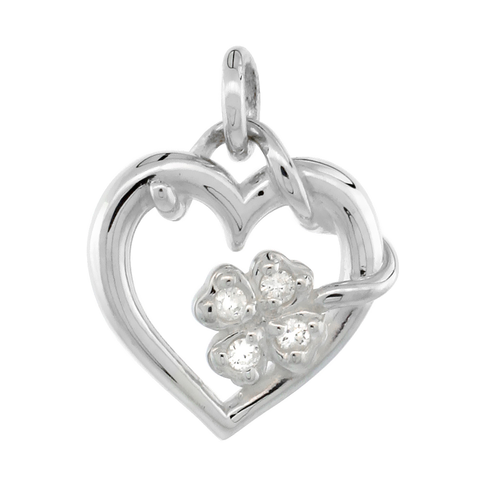 Tiny Sterling Silver Diamond Heart &amp; 4 Leaf Clover Pendant Flawless Finish Nice Diamonds 1/2 inch