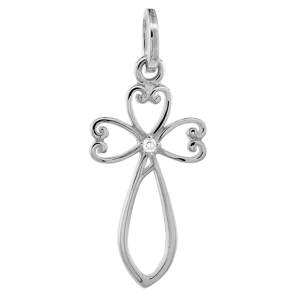 Sterling Silver Diamond Scroll Heart Cross Pendant Flawless Finish Nice Diamonds 1 inch
