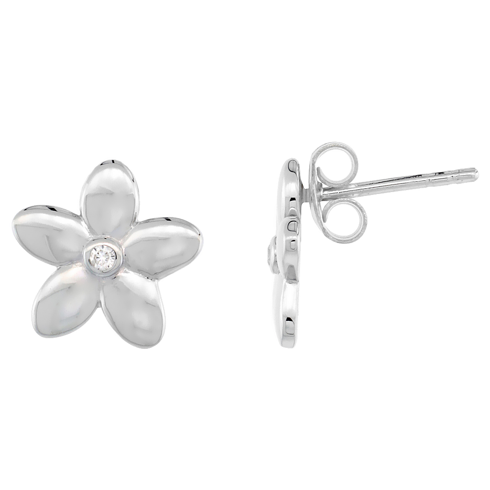 Dainty Sterling Silver Diamond Hawaiian Flower Stud Earrings Flawless Finish Nice Diamonds 1/2 inch