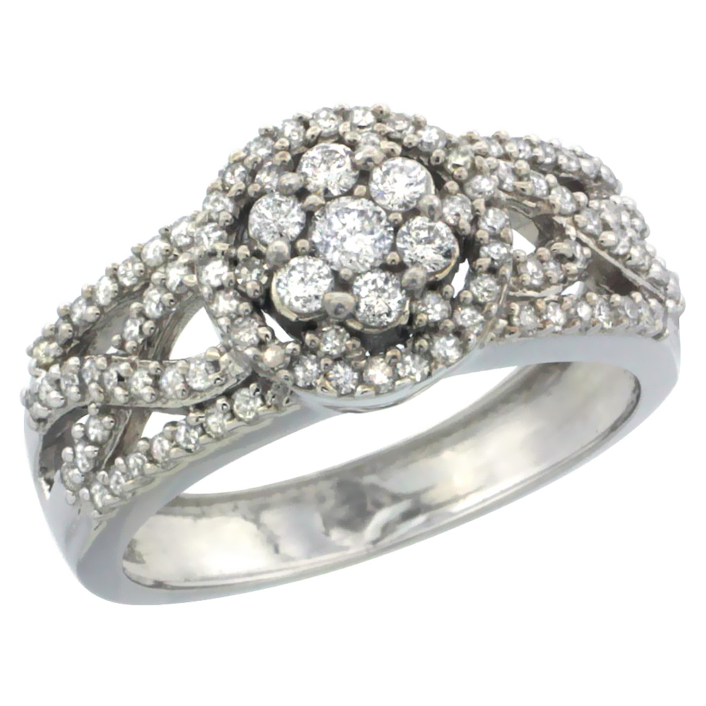 14k White Gold Floral Cluster Diamond Engagement Ring w/ 0.69 Carat Brilliant Cut Diamonds, 3/8 in. (10mm) wide