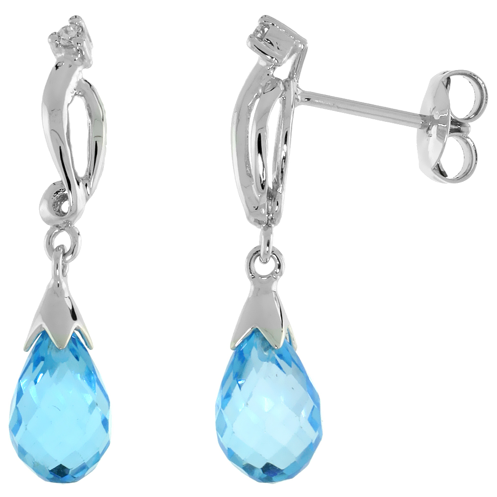 10k White Gold Swirl & Blue Topaz Earrings, w/ 0.03 Carat Brilliant Cut Diamonds, 1 in. (26mm) tall