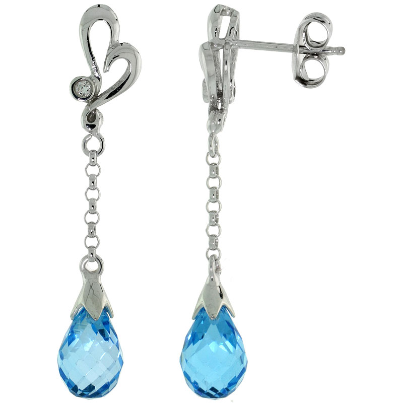 10k White Gold Heart Cut Out &amp; Blue Topaz Earrings, w/ 0.03 Carat Brilliant Cut Diamonds, 1 7/16 in. (36mm) tall