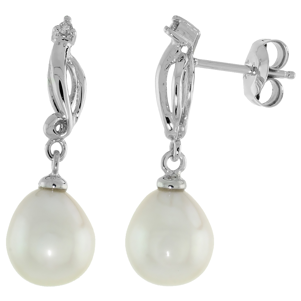 10k White Gold Swirl &amp; Pearl Earrings, w/ 0.03 Carat Brilliant Cut Diamonds, 1 in. (26mm) tall