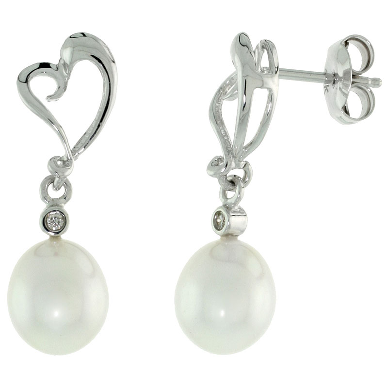 10k White Gold Heart Cut Out &amp; Pearl Earrings, w/ Brilliant Cut Diamonds, 1 in. (25mm) tall
