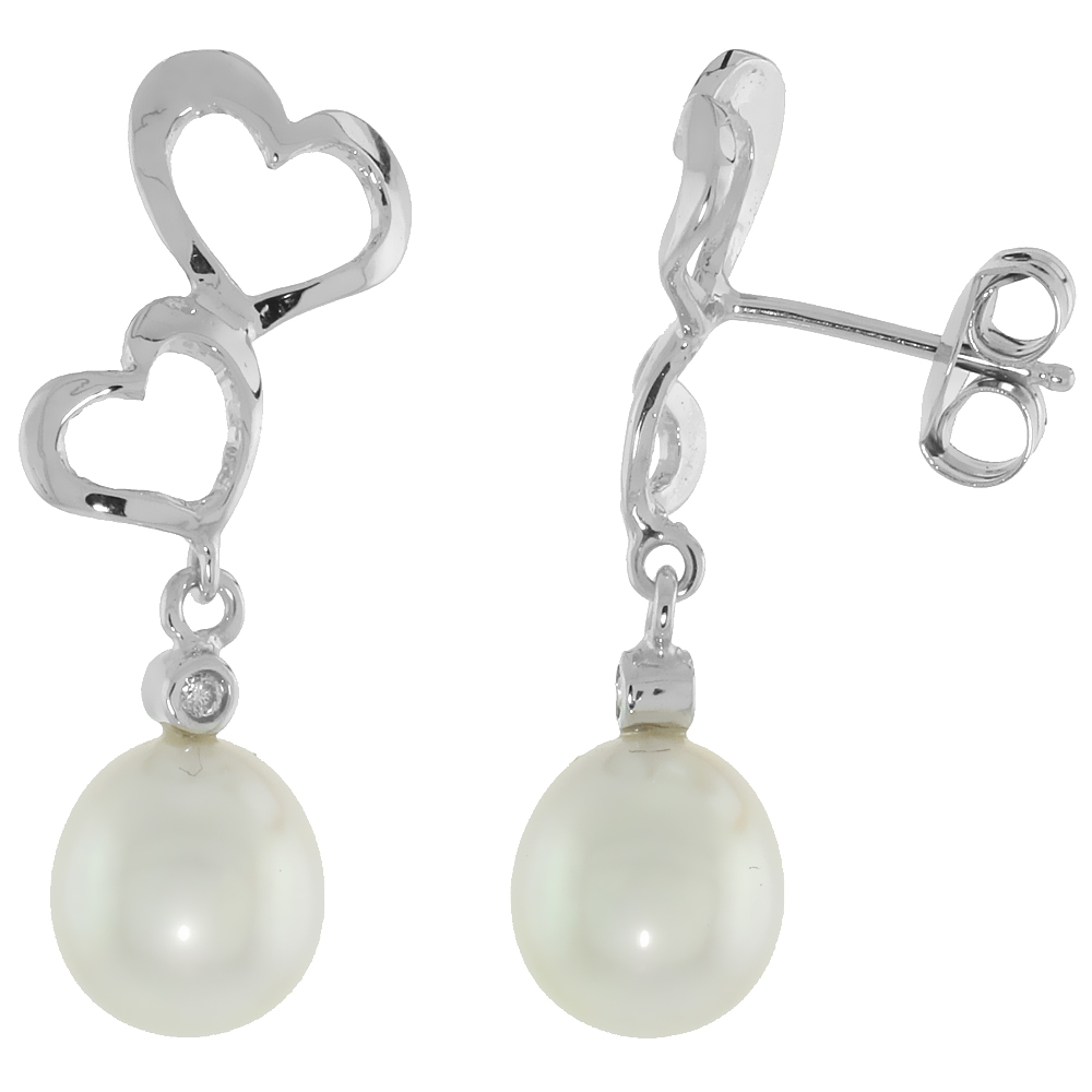 10k White Gold Double Heart Cut Out & Pearl Earrings, w/ Brilliant Cut Diamonds, 1 1/16 in. (27mm) tall