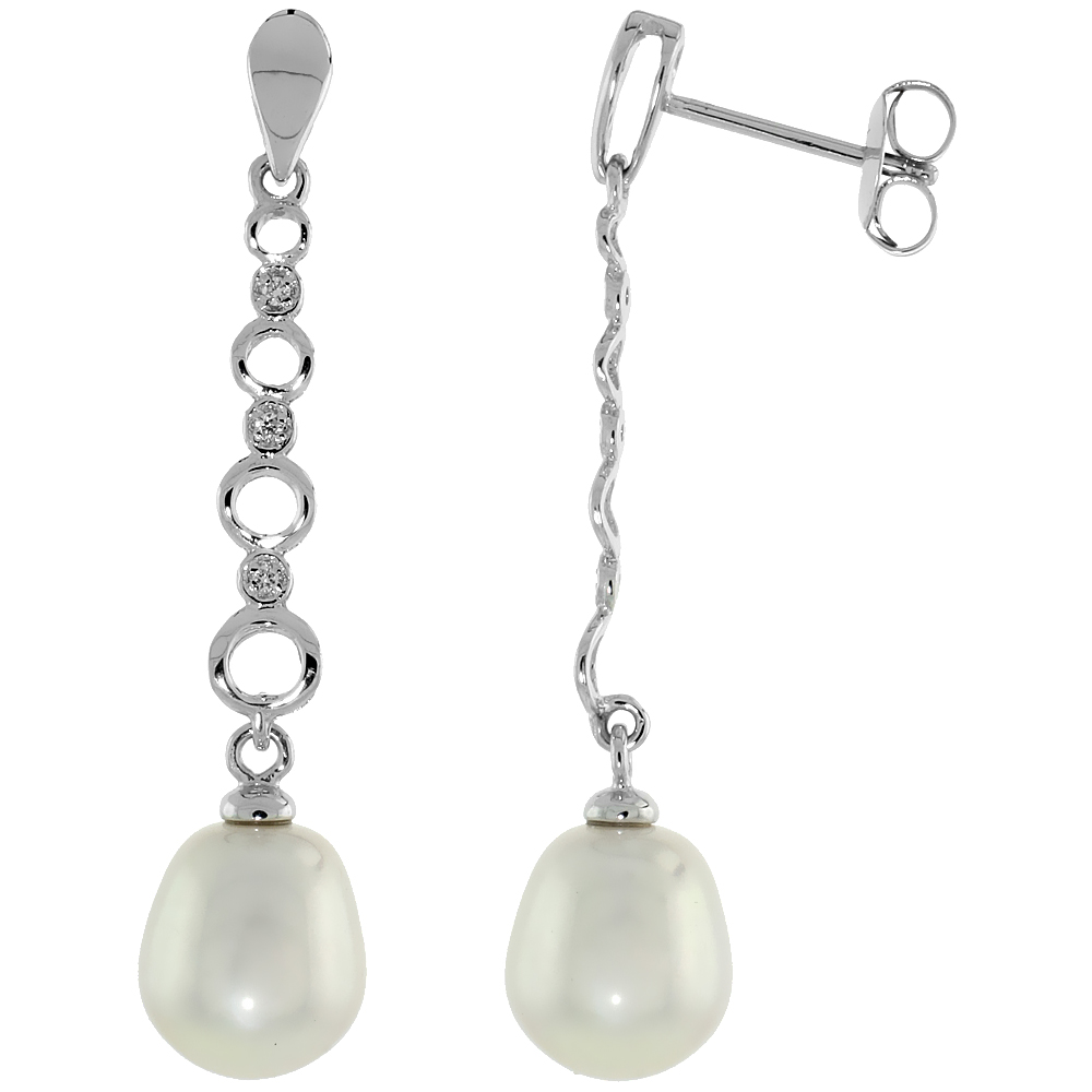 10k White Gold Graduated Circle Cut Outs &amp; Pearl Earrings, w/ 0.04 Carat Brilliant Cut Diamonds, 1 9/16 in. (40mm) tall