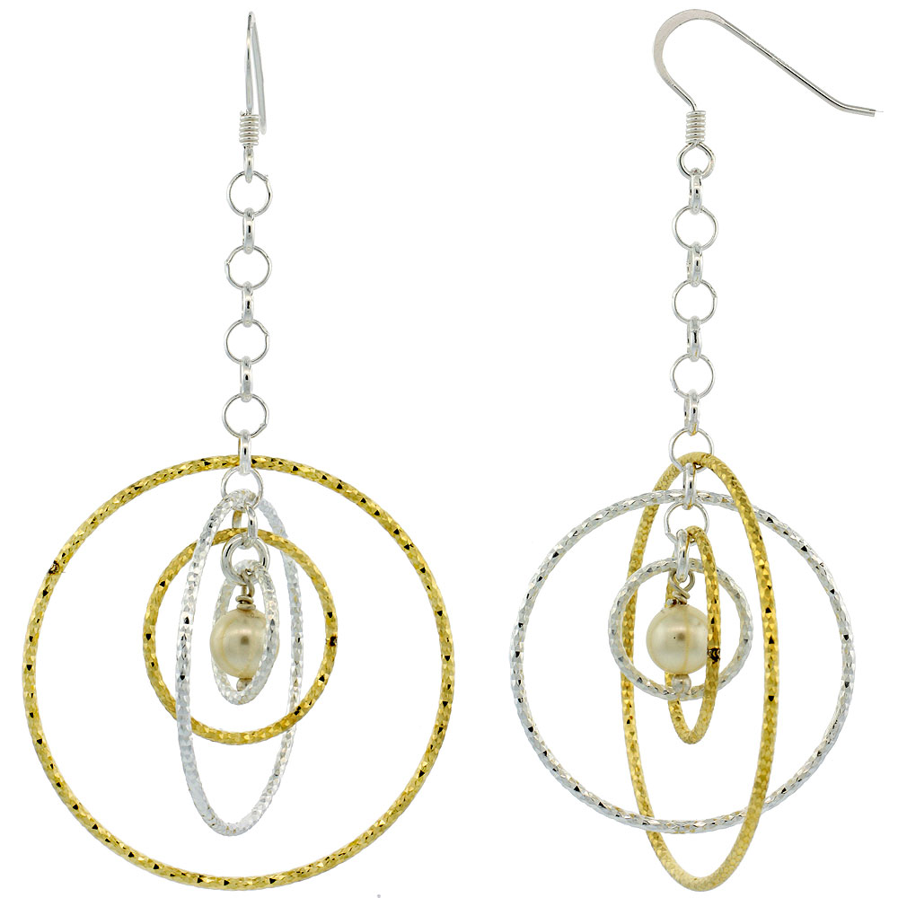 Sterling Silver Two-Tone Diamond Cut Tubing Dangling Circles Earrings w/ Swarovski Pearls, 2-3/4 in. tall