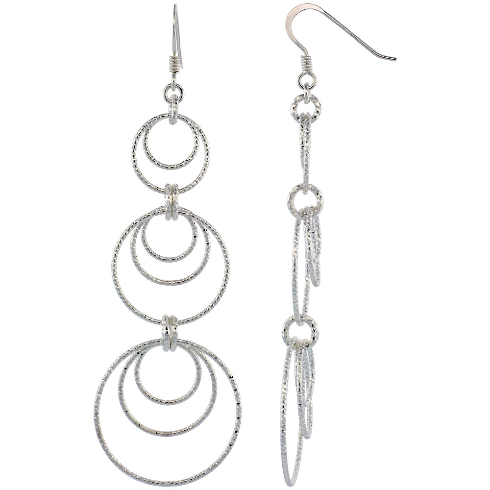 Sterling Silver Diamond Cut Tubing Graduated Dangling Circles Earrings, 3-1/4 in. tall