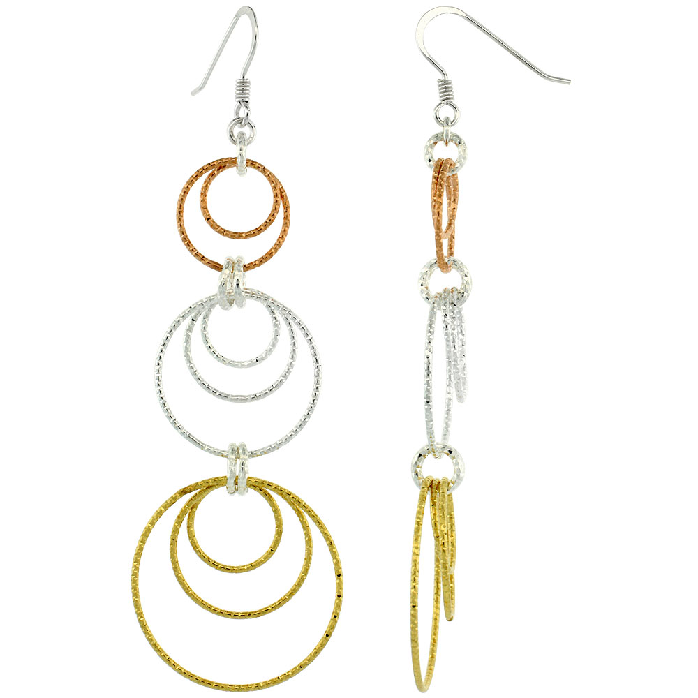 Sterling Silver Tri-Color Diamond Cut Tubing Graduated Dangling Circles Earrings, 3-1/4 in. tall