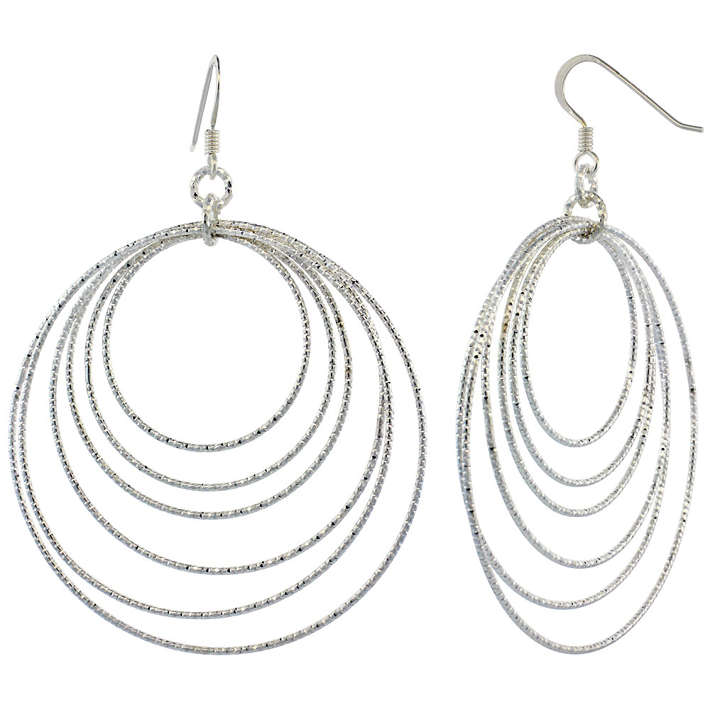 Sterling Silver Diamond Cut Tubing Dangling Circles Earrings, 2-3/4 in. tall