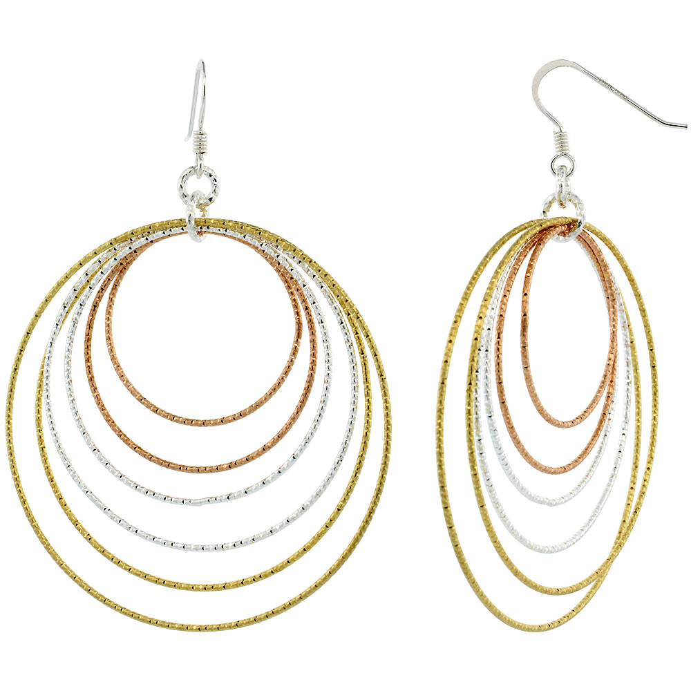 Sterling Silver Tri-Color Diamond Cut Tubing Dangling Circles Earrings, 2-3/4 in. tall