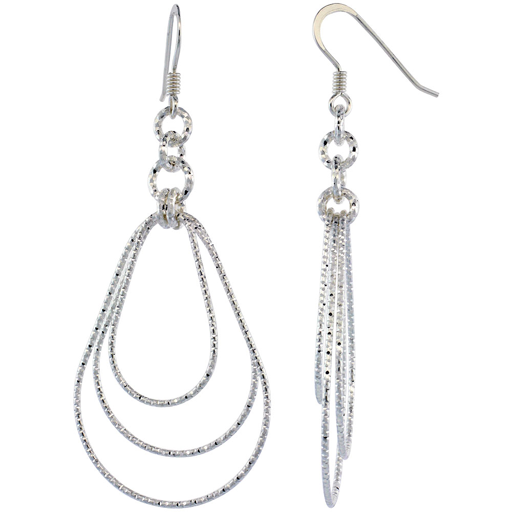 Sterling Silver Diamond Cut Tubing Dangling Teardrops Earrings, 2-1/4 in. tall