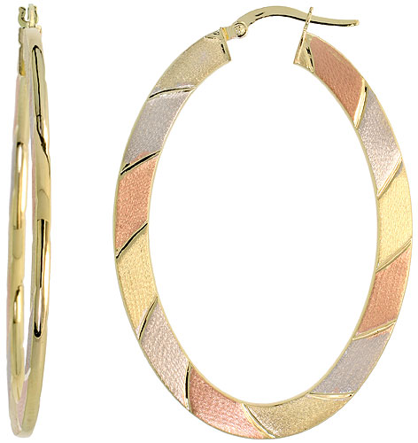10k Tri Color Gold Flat Hoop Earrings Oval Shape Diagonal Rose White Yellow Stripes Italy 2 inch