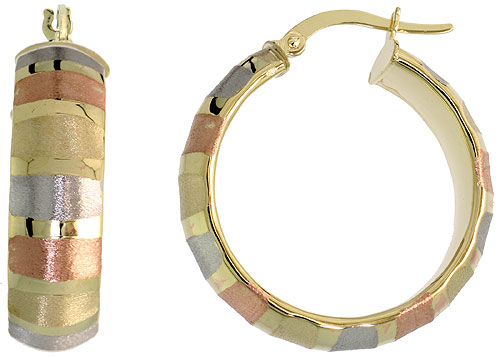 10k Tri Color Gold Hoop Earrings Vertical Rose White Yellow Stripe Pattern Italy 1 1/8 inch