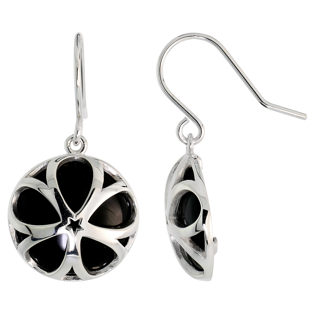 Round Black Onyx Dangle Earrings in Sterling Silver, 11/16" (18 mm) tall