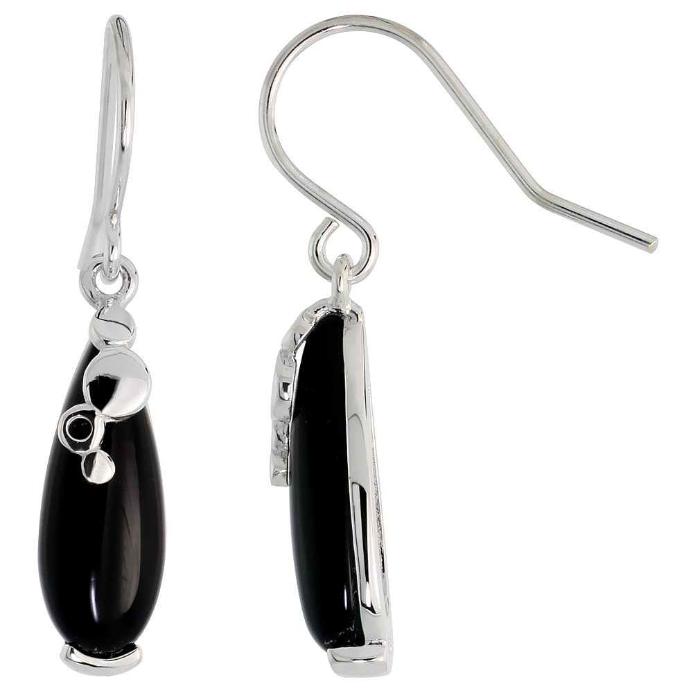 Teardrop Black Onyx Dangle Earrings in Sterling Silver, 3/4" (20 mm) tall