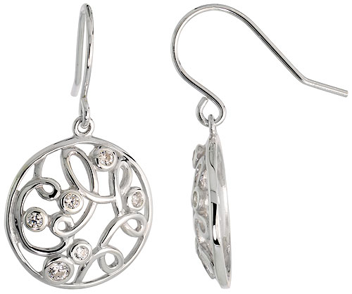 Sterling Silver Round Filigree Dangle Earrings w/ Brilliant Cut CZ Stones, 3/4&quot; (19 mm) tall