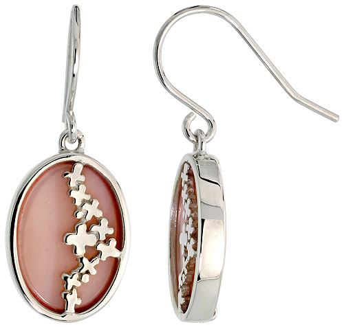 Oval-shaped Pink Mother of Pearl Dangle Earrings in Sterling Silver, 3/4&quot; (19 mm) tall