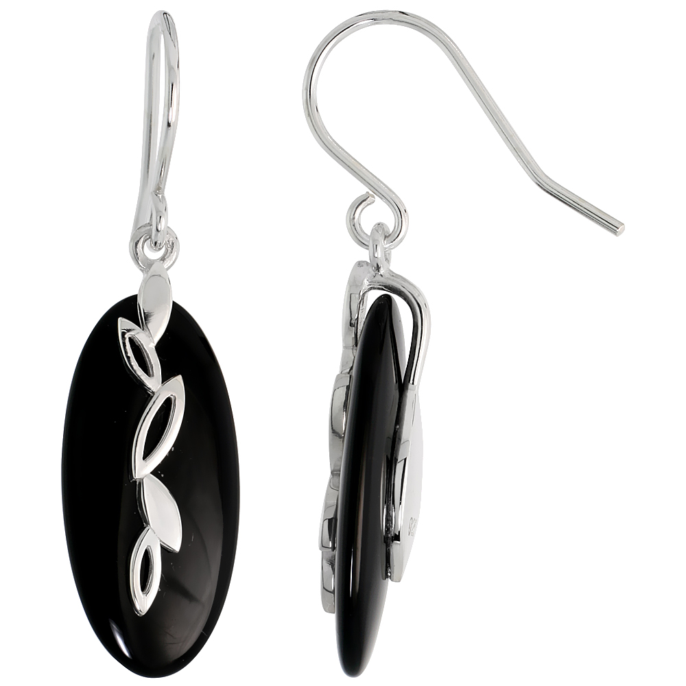 Oval-shaped Black Onyx Dangle Earrings w/ Leaves in Sterling Silver, 15/16&quot; (24 mm) tall