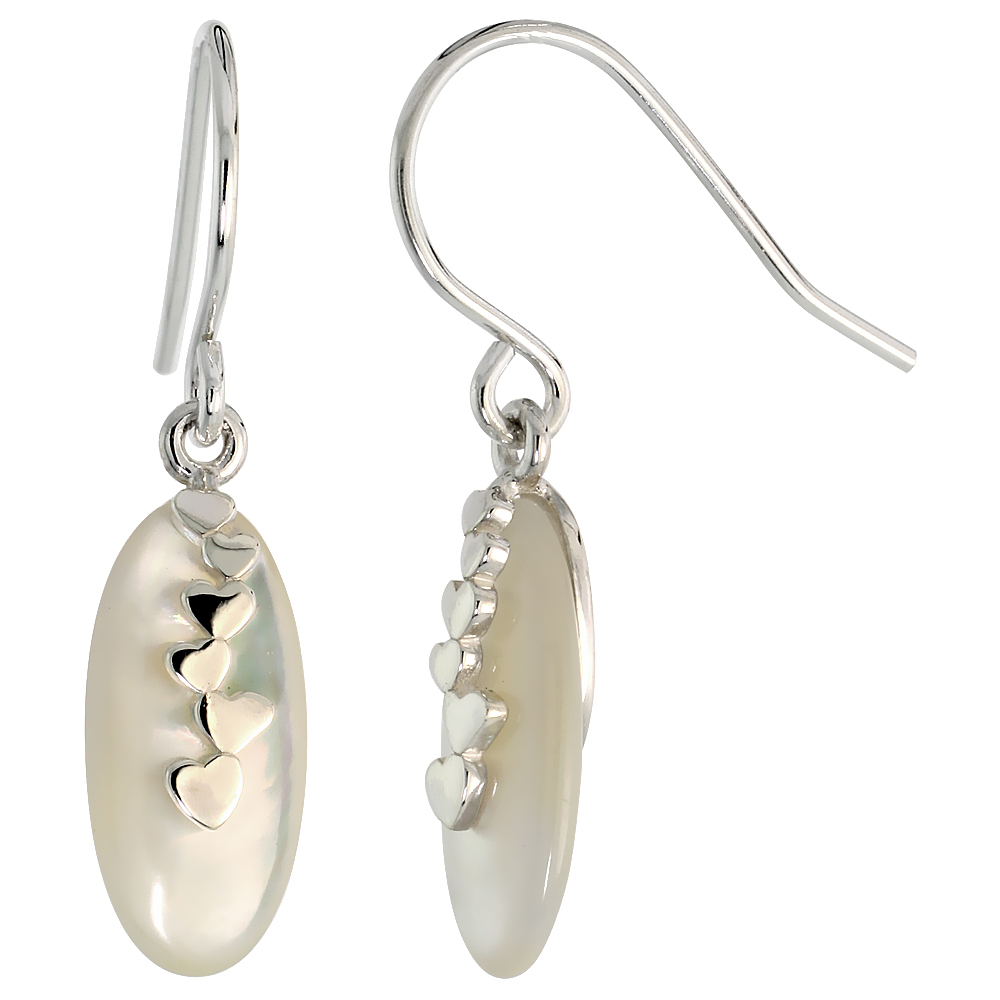 Oval-shaped Mother of Pearl Dangle Earrings w/ Hearts in Sterling Silver, 11/16&quot; (18 mm) tall