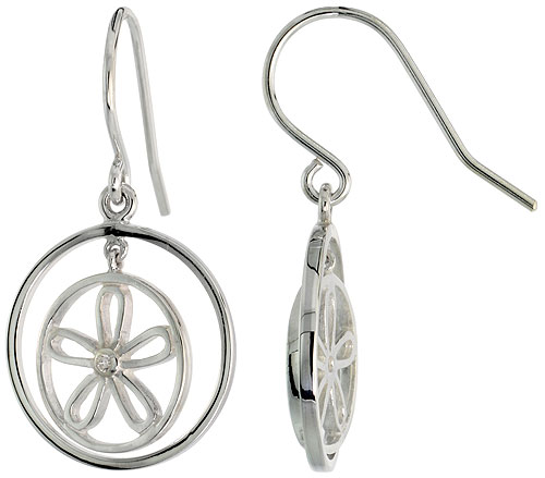 High Polished Flower &amp; Circles Dangle Earrings in Sterling Silver, w/ Brilliant Cut CZ Stone, 3/4&quot; (19 mm) tall