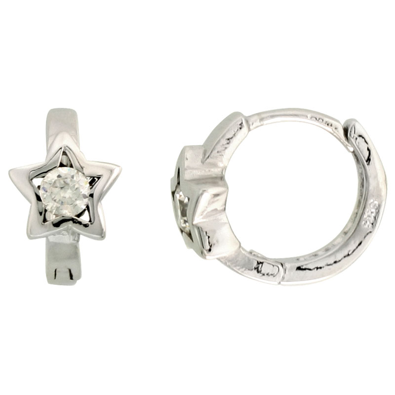Sterling Silver Cubic Zirconia Star Huggie Hoop Earrings, 9/16 inch round