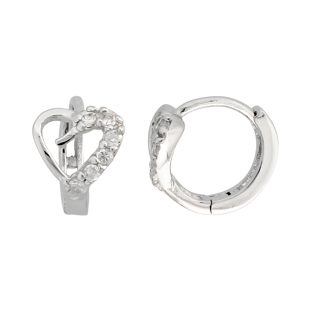Sterling Silver Cubic Zirconia Heart Cut Out Huggie Hoop Earrings, 3/8 inch round