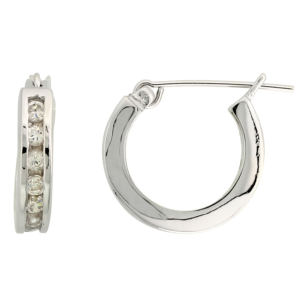Sterling Silver Cubic Zirconia Huggie Hoop Earrings, 9/16 inch round
