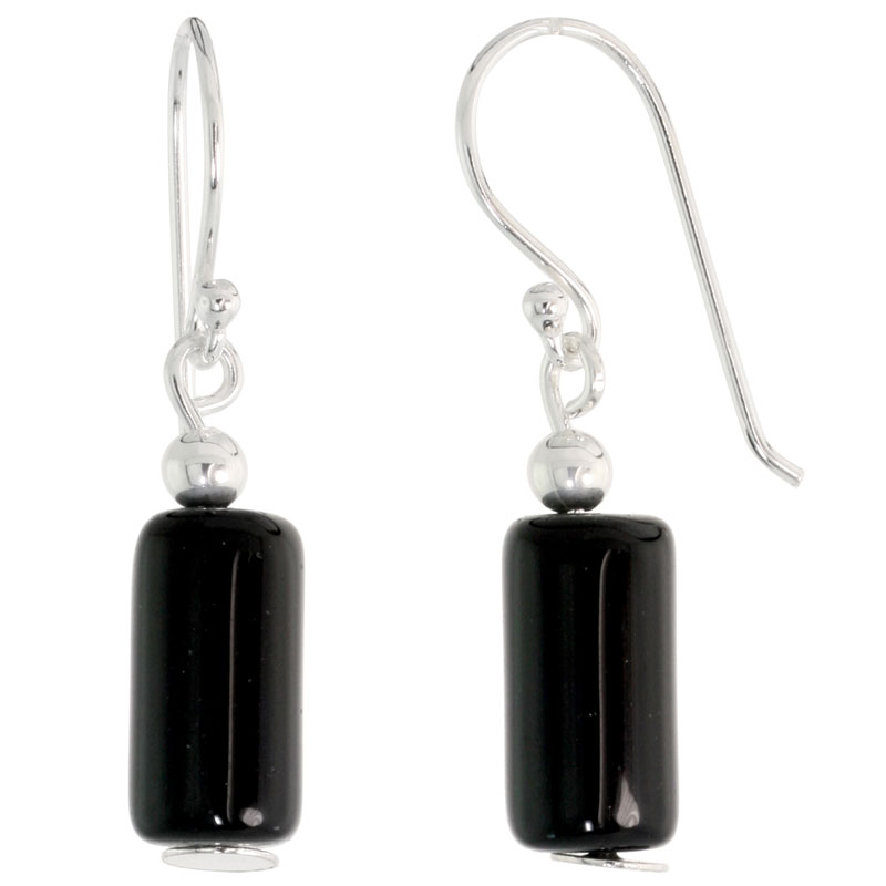 Sterling Silver Dangle Earrings, w/ Beads &amp; Black Obsidian, 1 3/16&quot; (30 mm) tall
