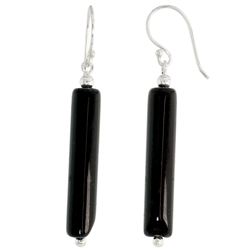Sterling Silver Dangle Earrings, w/ Beads &amp; Black Obsidian, 1 15/16&quot; (49 mm) tall
