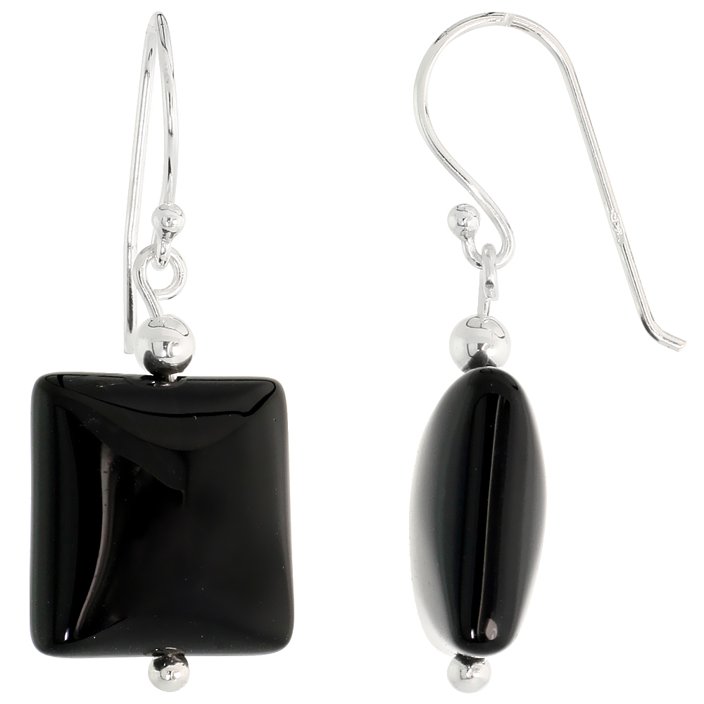 Sterling Silver Square Dangle Earrings, w/ Beads &amp; Black Obsidian, 1 1/4&quot; (32 mm) tall
