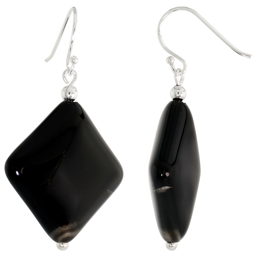 Sterling Silver Diamond-shaped Dangle Earrings, w/ Beads & Black Obsidian, 1 5/8" (41 mm) tall