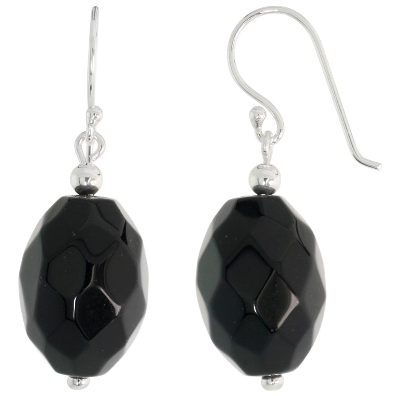 Sterling Silver Dangle Earrings, w/ Faceted Oval Black Obsidian, 1 3/8&quot; (34 mm) tall