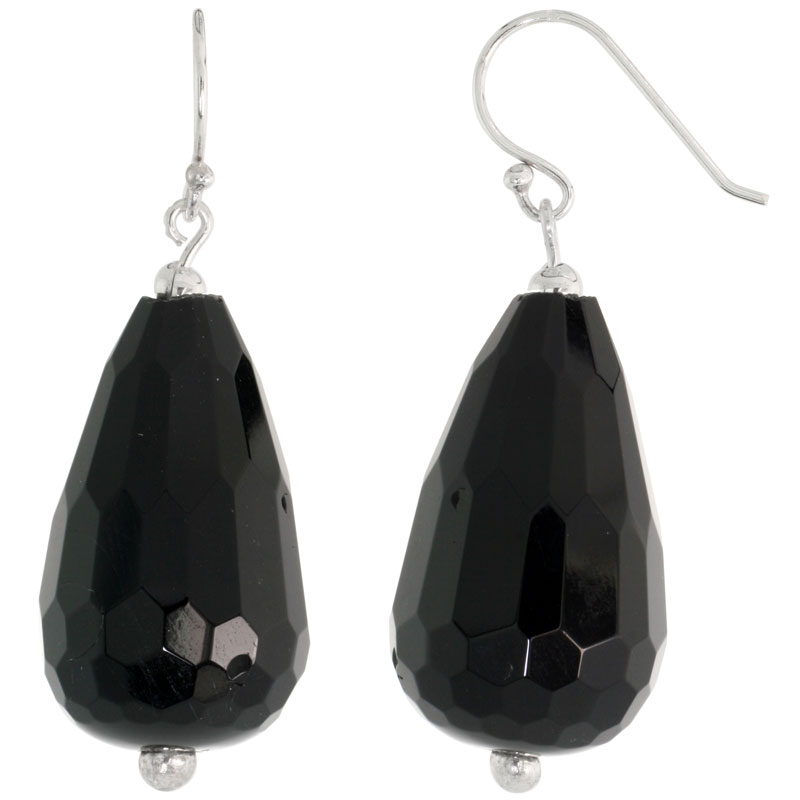 Sterling Silver Dangle Earrings, w/ Beads &amp; Faceted Black Obsidian, 1 11/16&quot; (43 mm) tall