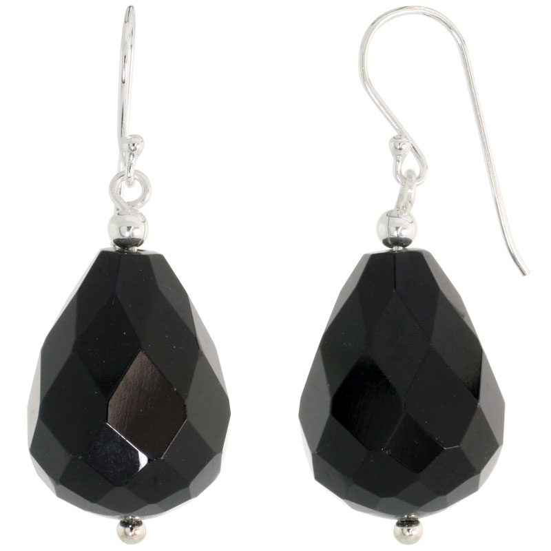 Sterling Silver Dangle Earrings, w/ Beads &amp; Faceted Black Obsidian, 1 1/2&quot; (39 mm)