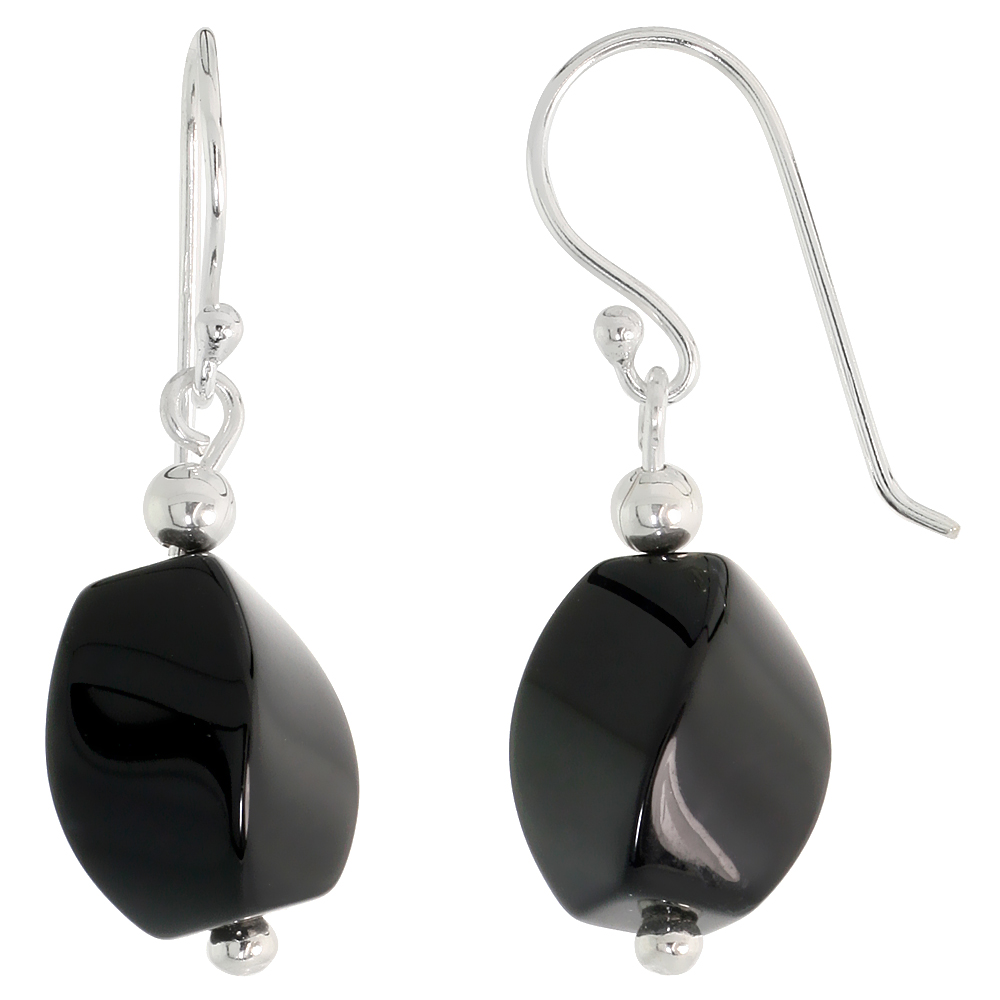 Sterling Silver Dangle Earrings, w/ Beads &amp; Twisted Black Obsidian, 1 3/16&quot; (30 mm) tall
