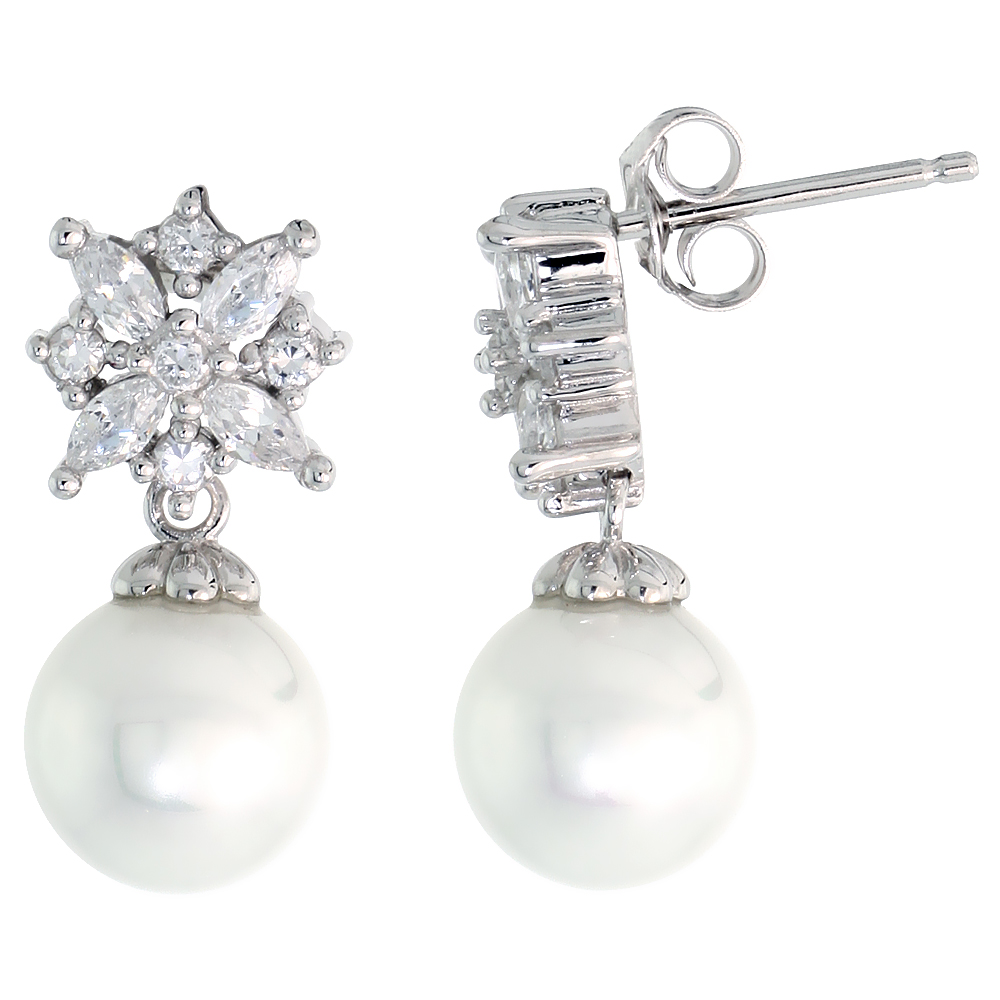 Sterling Silver Flower Dangle Earrings, w/ CZ Stones &amp; 9mm Faux Pearls, 13/16&quot; (21 mm) tall