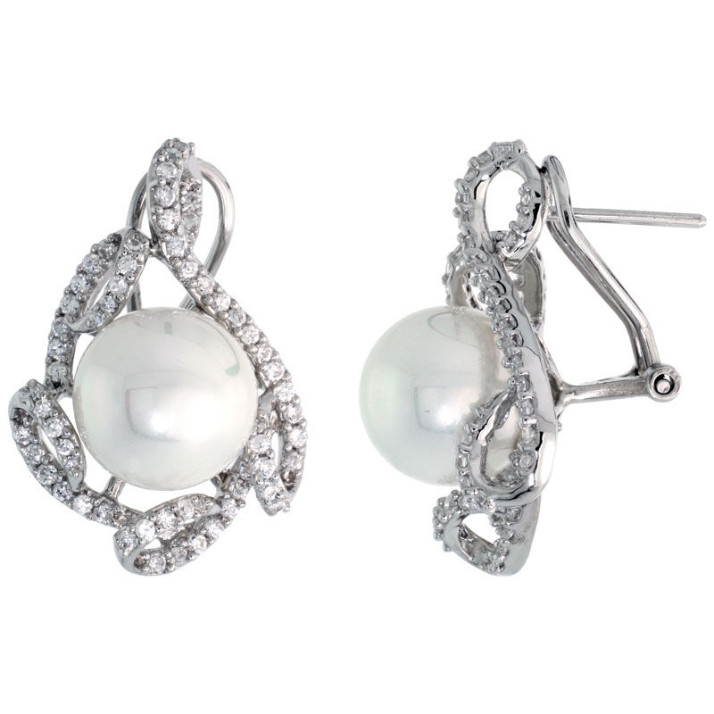 Sterling Silver French Clip Earrings, w/ CZ Stones &amp; 11mm Faux Pearls, 1 1/16&quot; (27 mm) tall