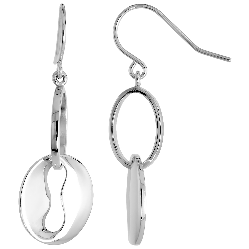 High Polished Oval Cut Out Dangle Earrings in Sterling Silver, 1 3/16" (30 mm) tall