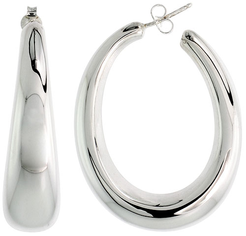 High Polished Large Hollow Oval-shaped Earrings in Sterling Silver, 2 1/16" (52 mm) tall