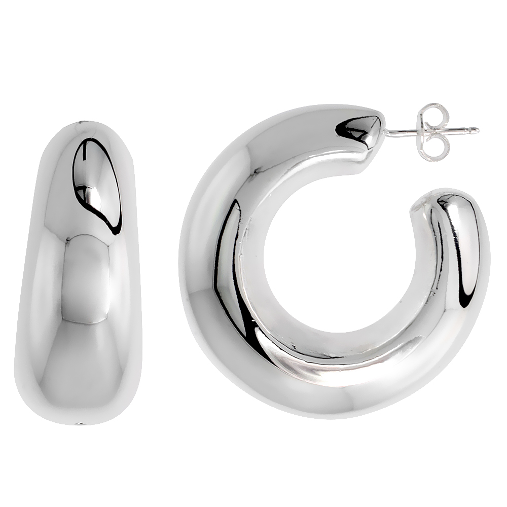 High Polished Large Hollow Doughnut Hoop Earrings in Sterling Silver, 1 5/16" (33 mm) tall