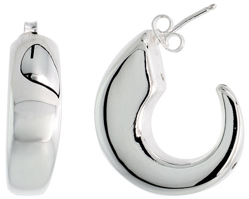 High Polished Hollow Half-Hoop Earrings in Sterling Silver, 1 1/8&quot; (29 mm) tall