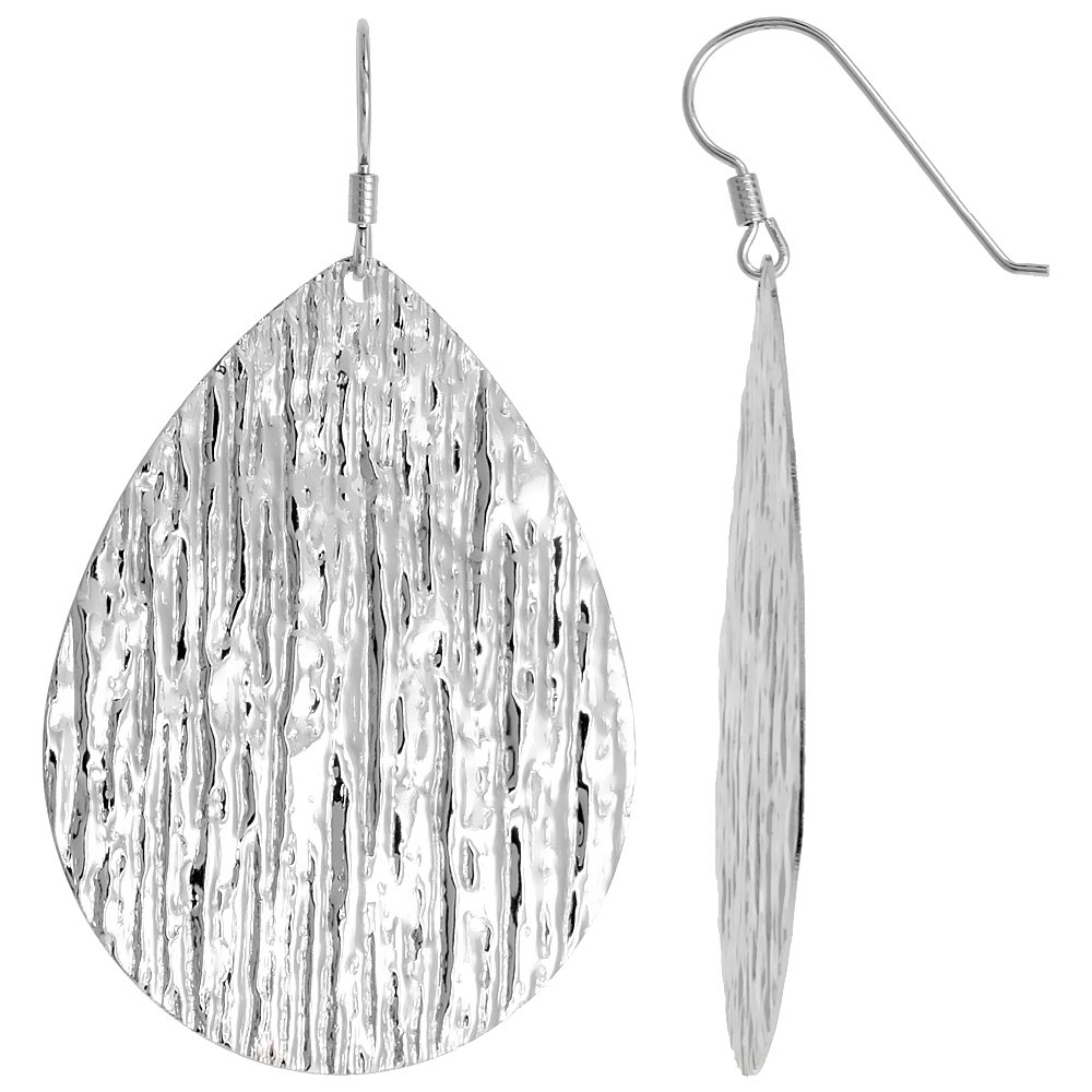 Sterling Silver Extra Large Teardrop Dangle Earrings, Textured Finish, 2 in. (51 mm) tall