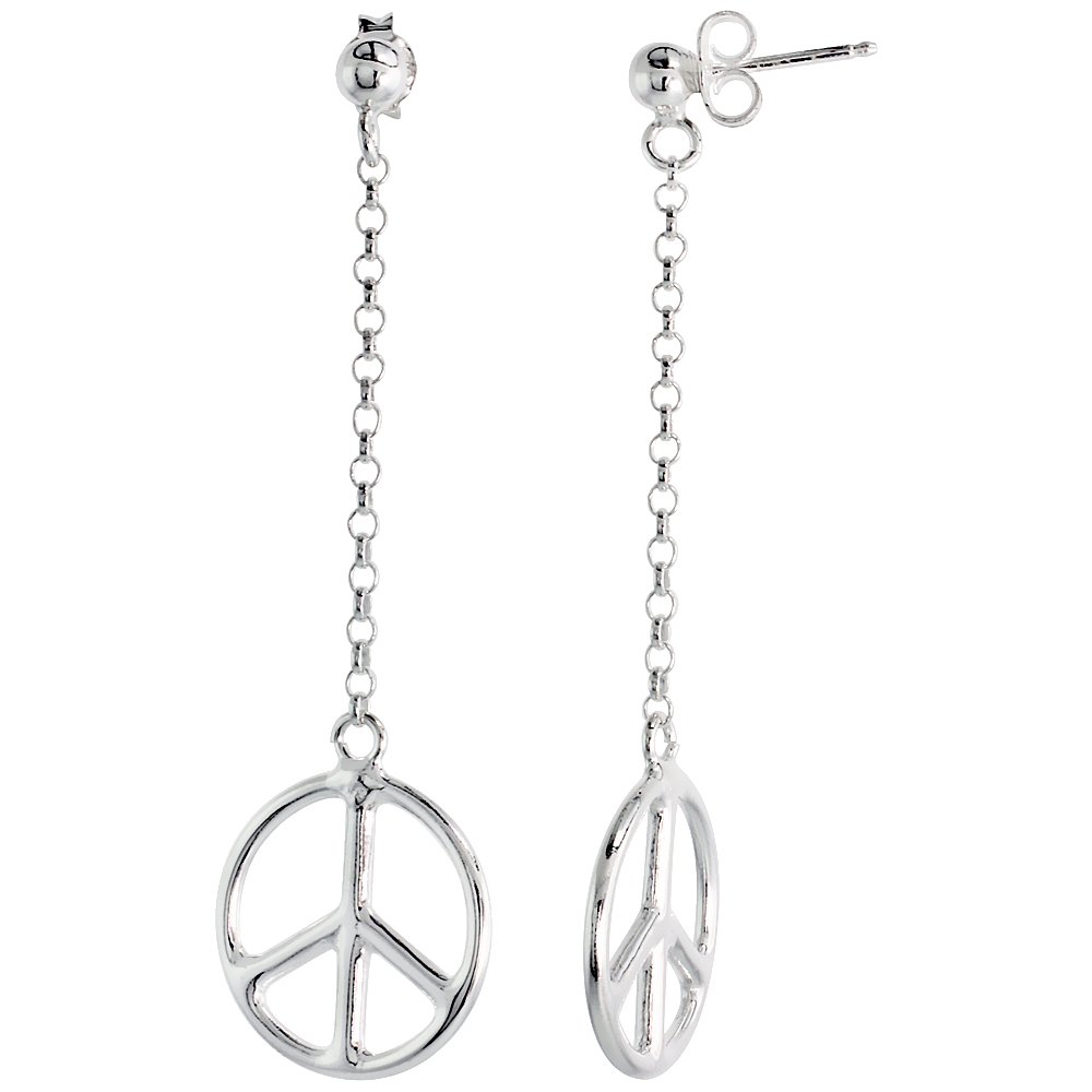 Sterling Silver Peace Drop Earrings, 2 3/8 inch long